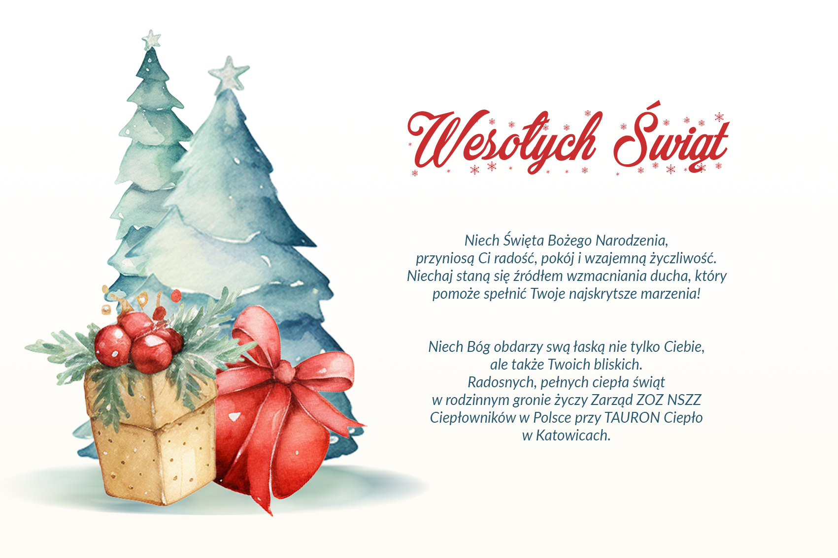 kartka świąteczna choinka prezenty życzenia